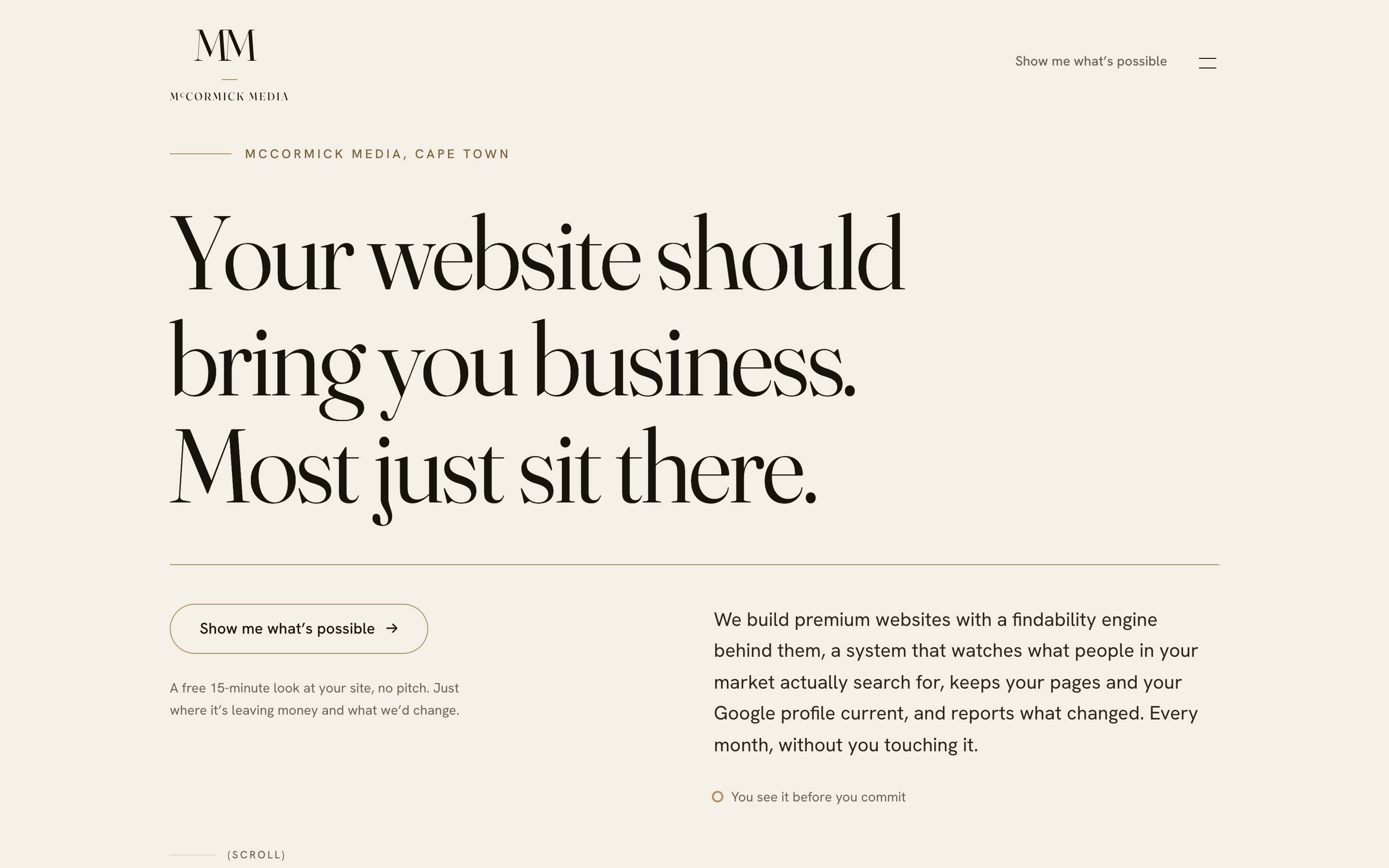 The McCormick Media homepage: the headline “Your website should bring you business. Most just sit there.” set large over a bone ground, with the booking call to action beneath it.