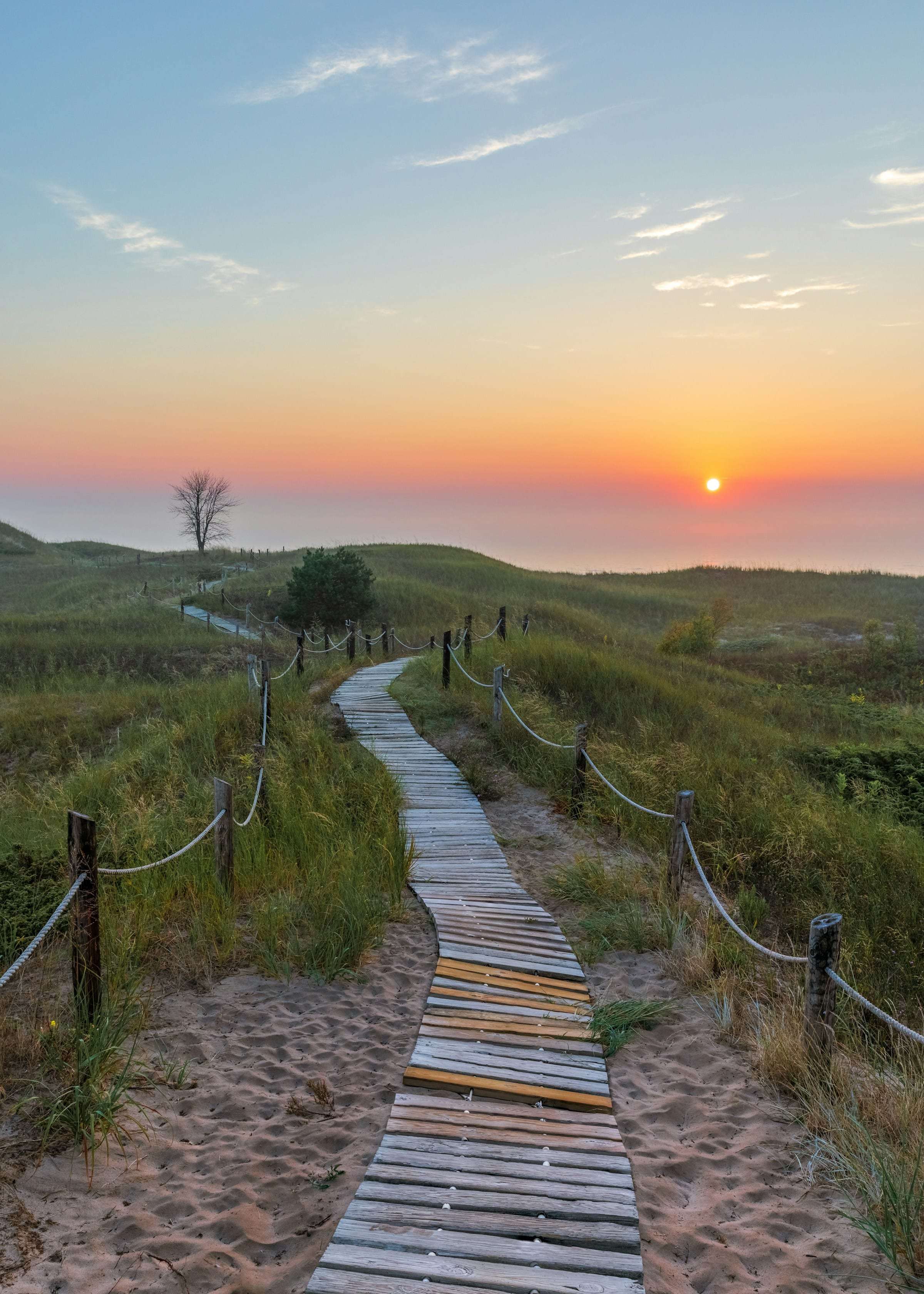 A wooden boardwalk running through dune grass down to the water, low sun on the horizon.